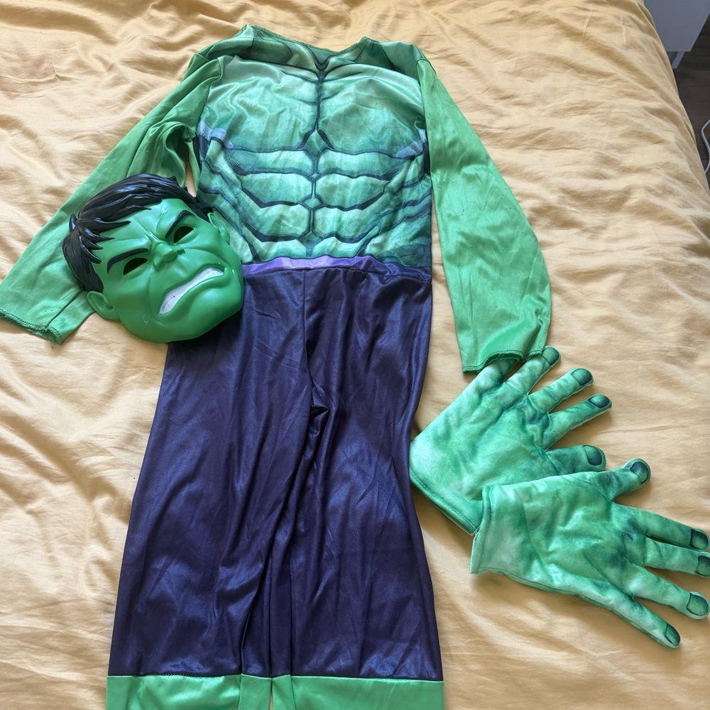 Hulk Costume with mask and gloves. Some thread pulls.